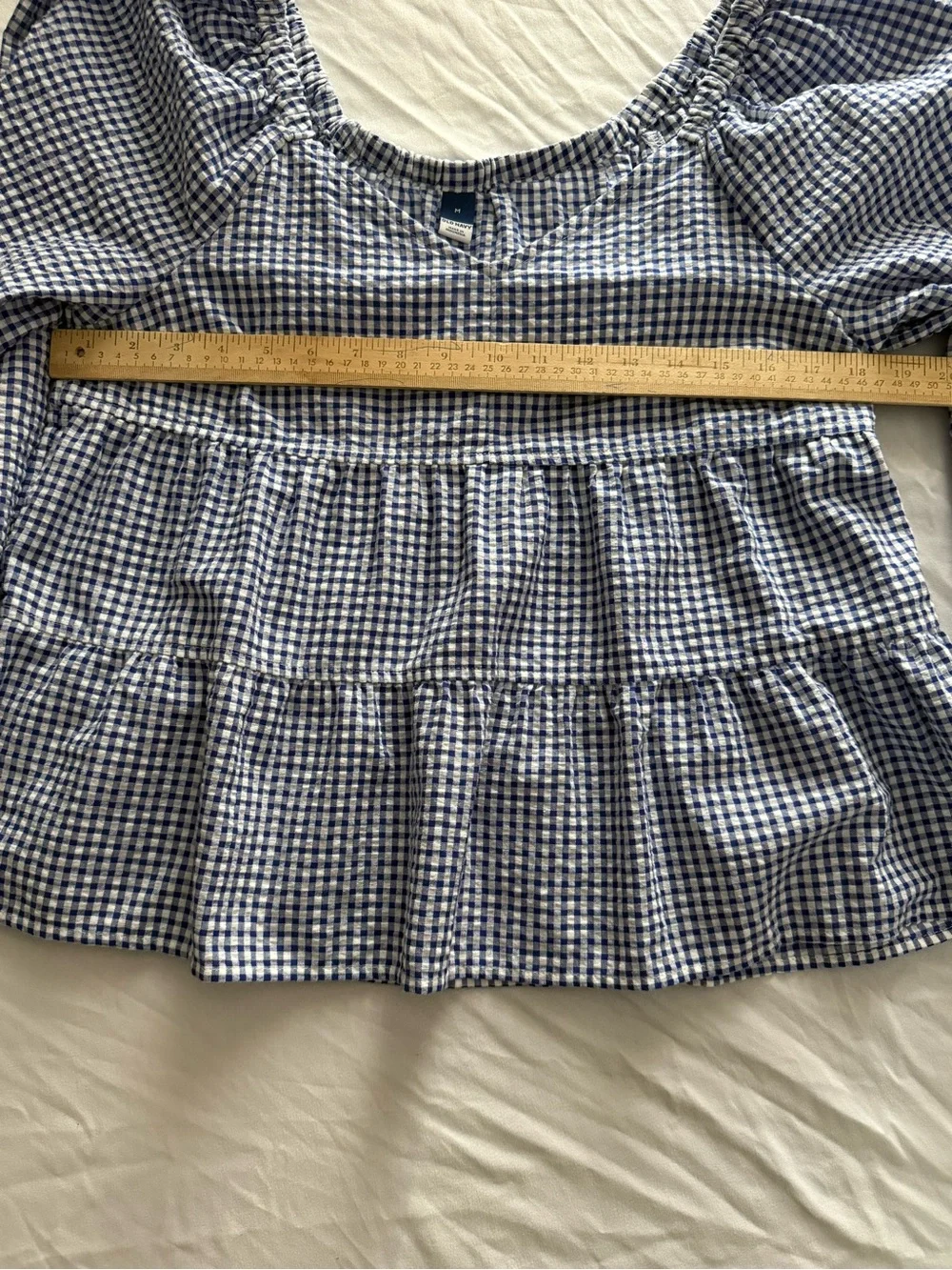 Old Navy Blue and White Gingham Puff-Sleeve Peasant Blouse